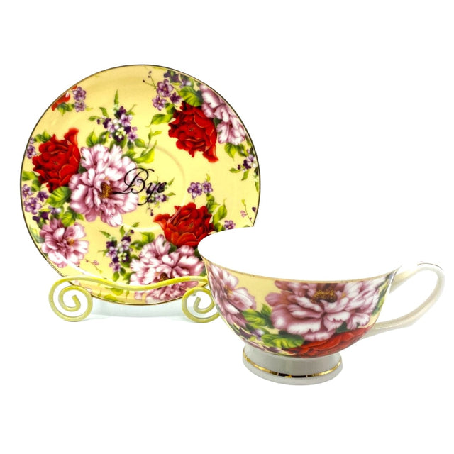 Three Black Cats TEACUP SET - YOU HAVE BEEN POISONED - YELLOW FLORAL